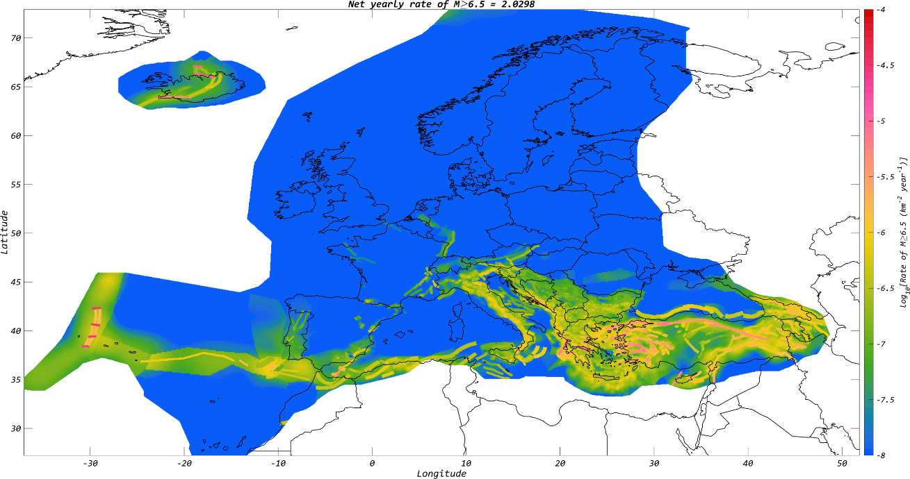 ESHM20 Seismogenic Models–Cumulative Earthquake Rate Forecast of M>6.5 